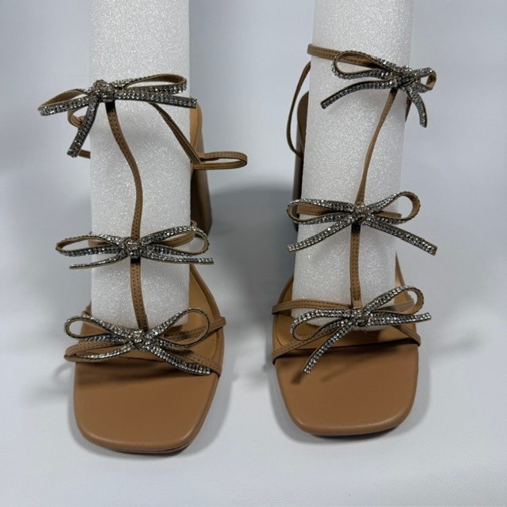 Madden Girl Ribbonn Tan Rhinestone Bow Block Heel Sandals Square Toe Womens 8